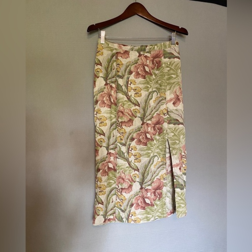 Floral Linen Side Slit Skirt in Green/Pink/Cream/Yellow Size 8